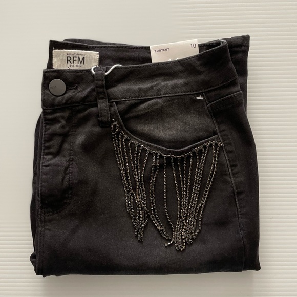 Black jeans with rhinestone fringe pockets NWT size 10 - Picture 1 of 12